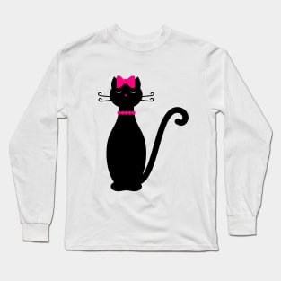 Black Cat with Pink Ribbon Long Sleeve T-Shirt